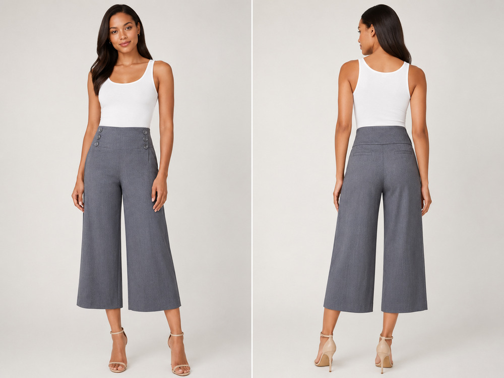 Cache Wide Leg Stretch Buttons Crop Self Belt Pant New Gray Gaucho NWT $98 Sz 10